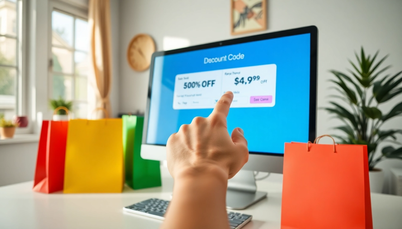 Find a Coupon Code while shopping online with vibrant displays and a modern workspace