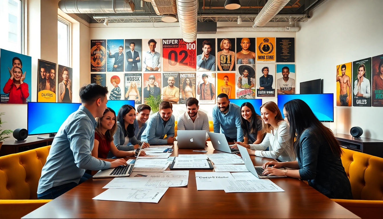 Collaborative team of a music pr company brainstorming music strategies in a vibrant office.