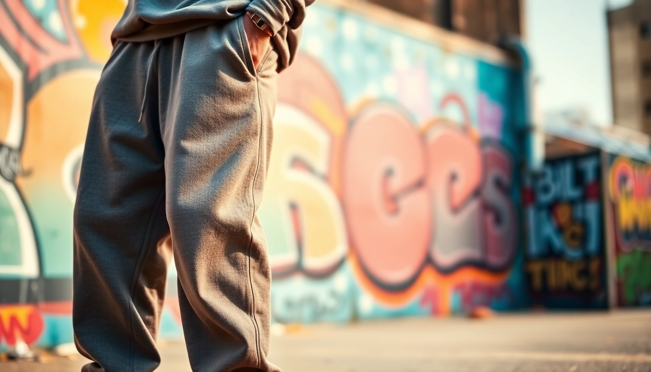 Relaxed individual showcasing baggy sweatpants in an urban environment with grafitti.