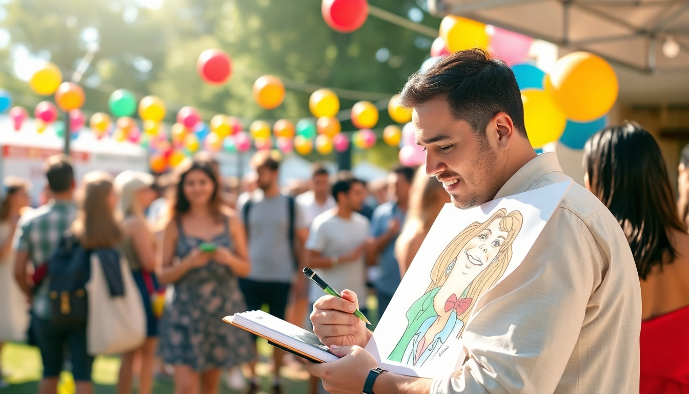 Caricature Artist drawing a lively caricature at an outdoor event with vibrant atmosphere.