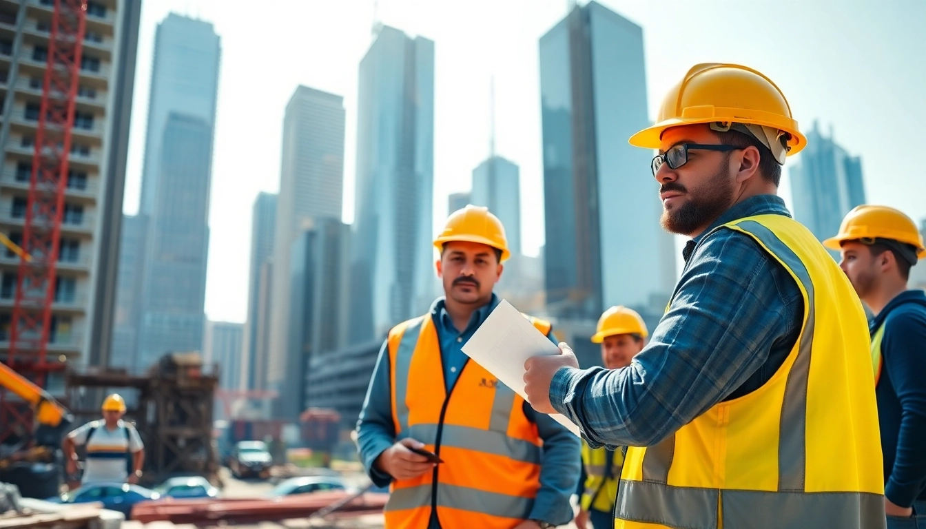 Engaged New York City Construction Manager leading a project at a busy construction site with urban skyline.