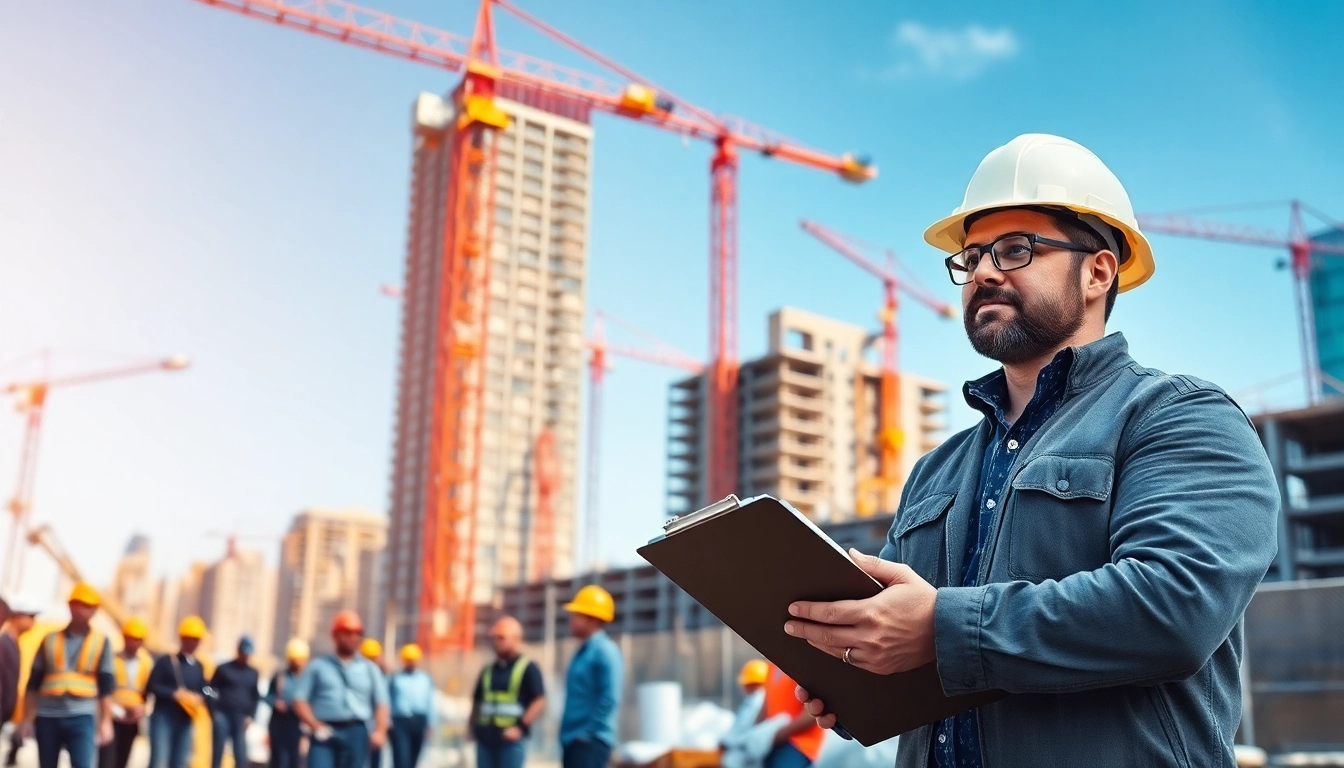 New York construction manager supervising a team at a vibrant construction site.