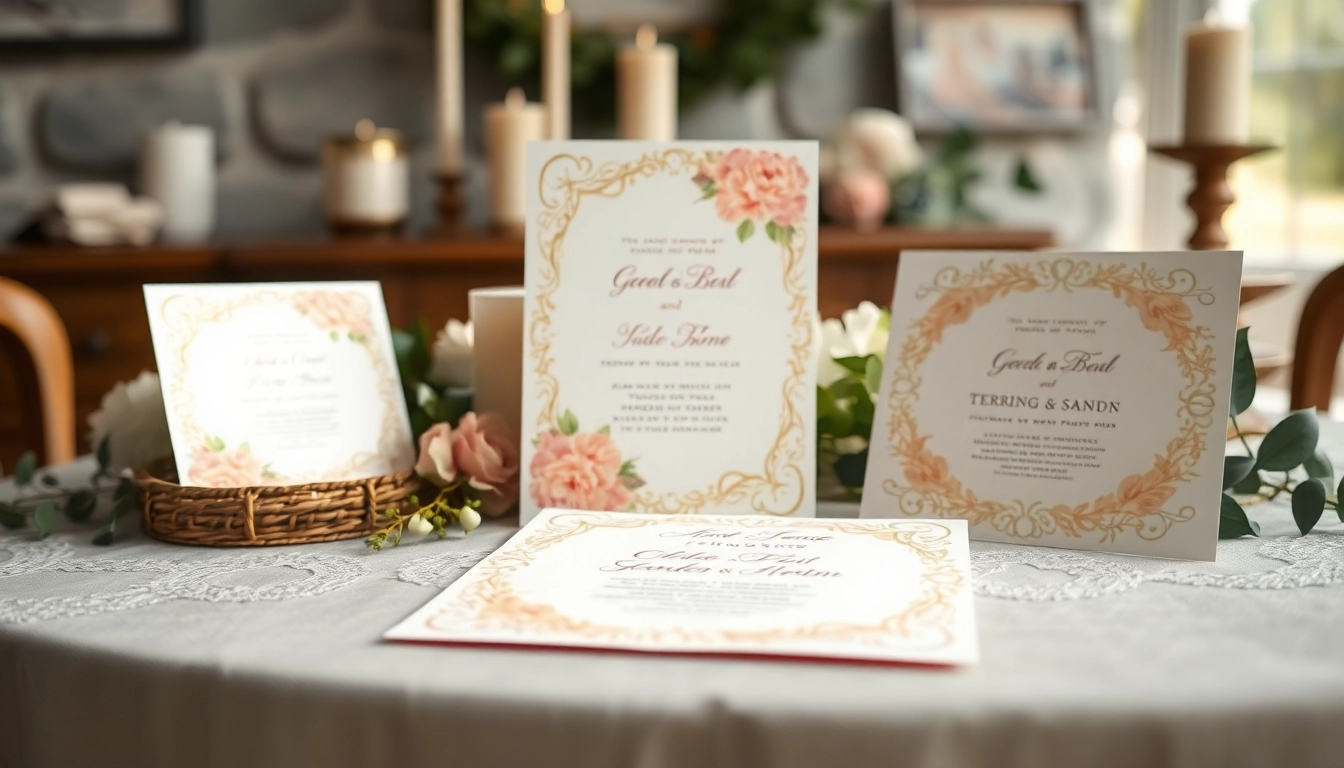 Zaproszenia ślubne prezentowane na eleganckim stole z kwiatowymi wzorami.