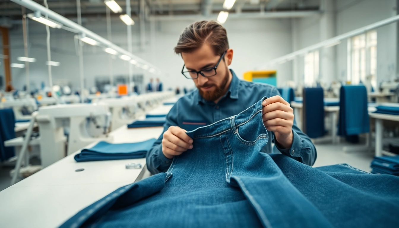Experience jeans manufacturers showcasing denim craftsmanship with detailed inspection and vibrant colors.