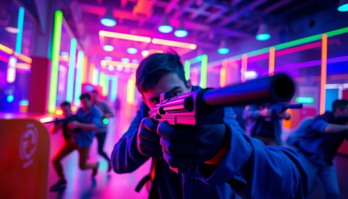 Players engaged in an exciting laser tag battle in a vibrant arena with neon lights.