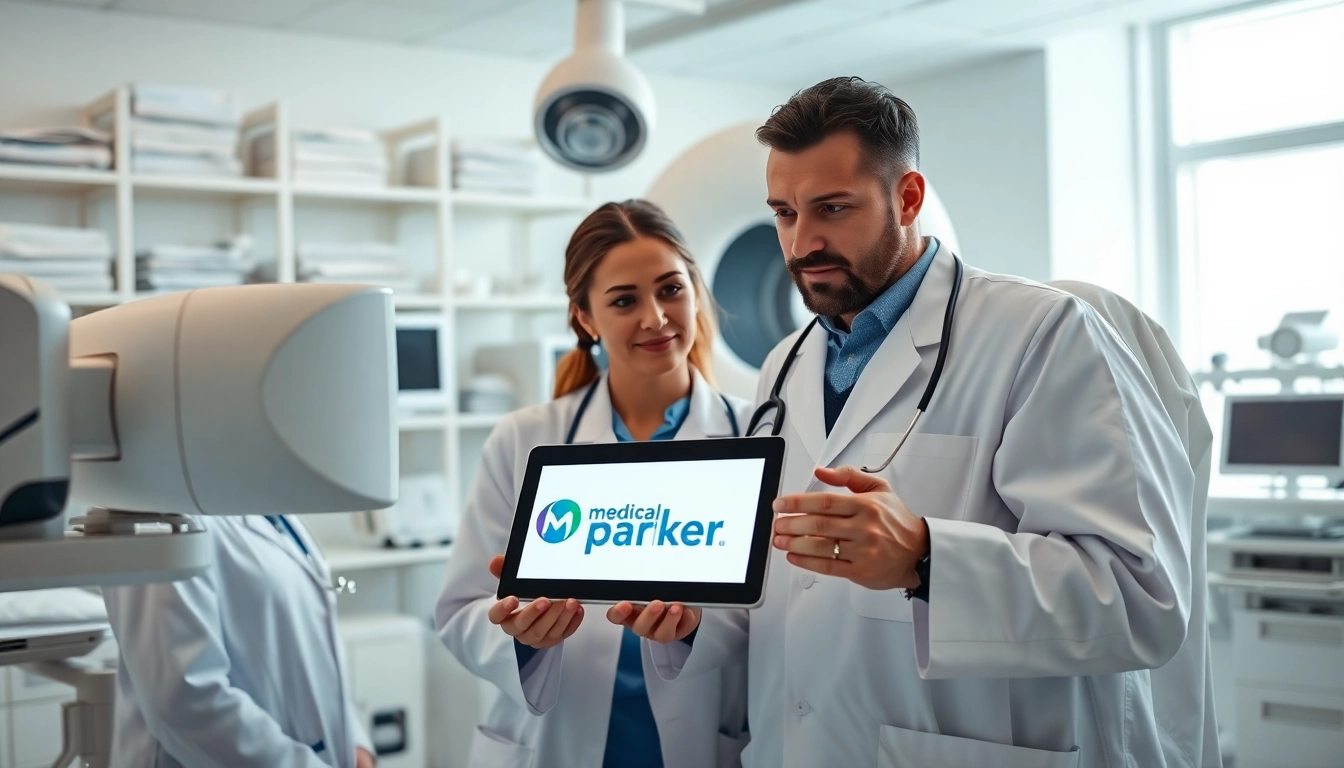Healthcare professionals examining medical parker imaging technology in a modern clinic.