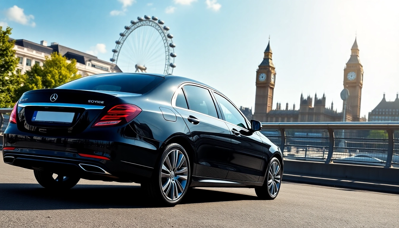 Experience exceptional chauffeur service London with a luxury black car against a vibrant city backdrop.