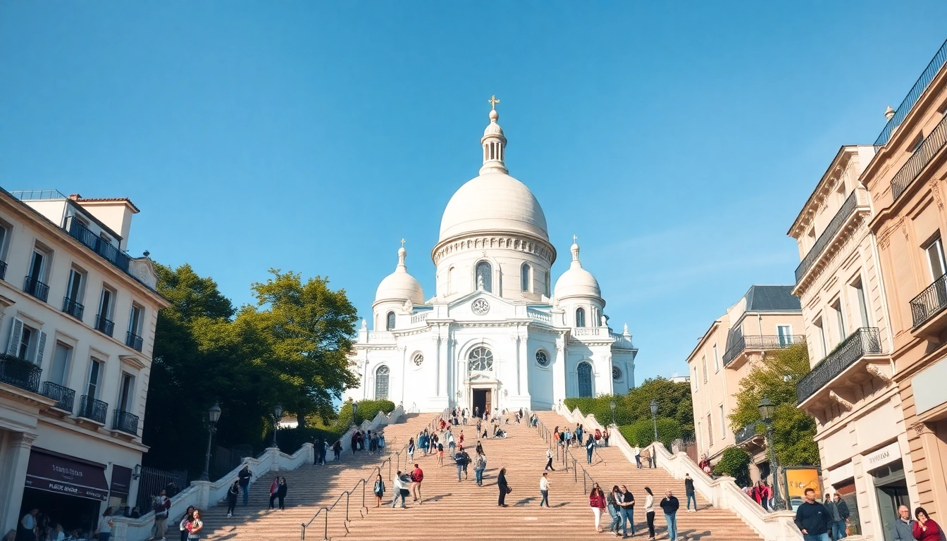 Visitors admiring the stunning Sacre Coeur Basilica in Paris with its iconic domes.
