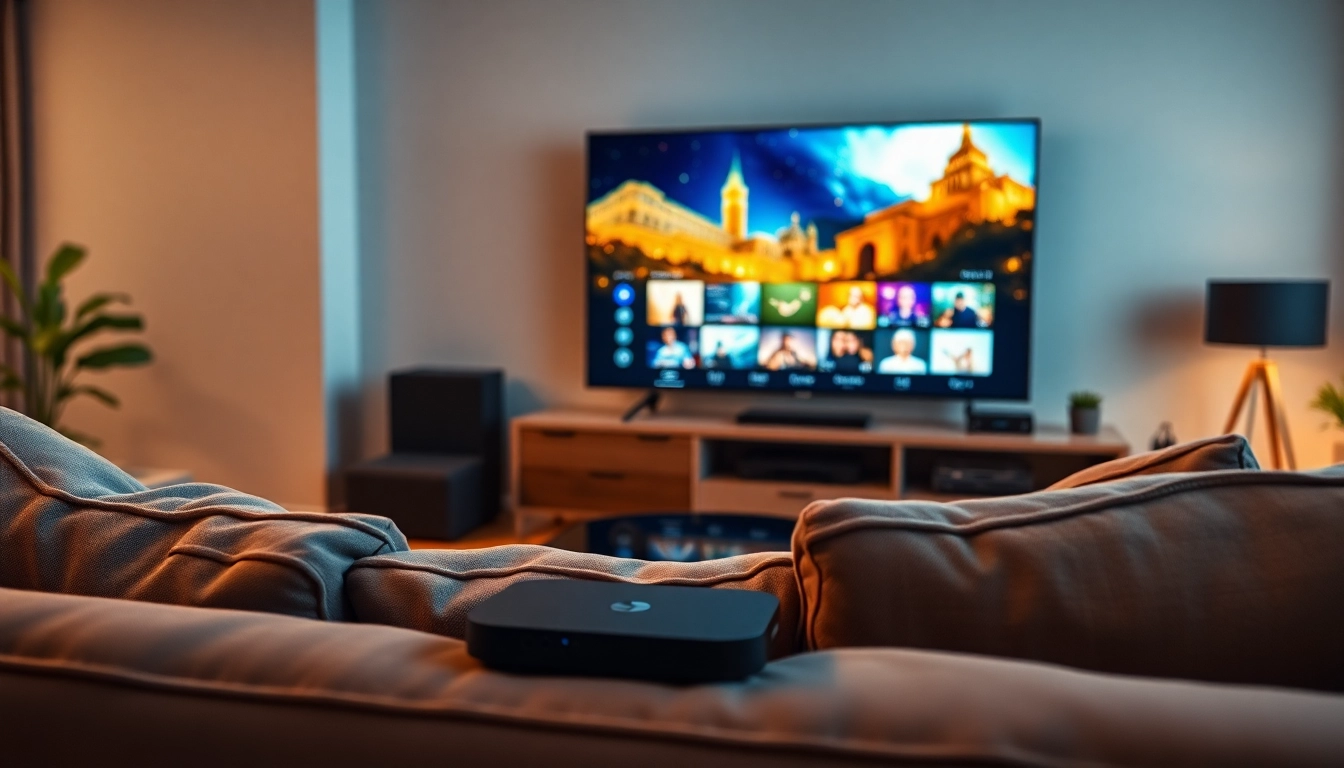 Comprar IPTV en la comodidad de un hogar moderno, con dispositivos de streaming visibles.