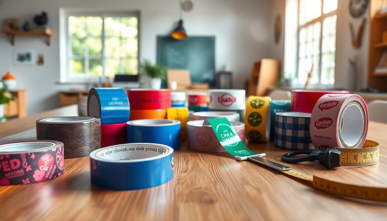 Showcasing colorful printed vinyl tape designs on a workspace table with scissors and a measuring tape.