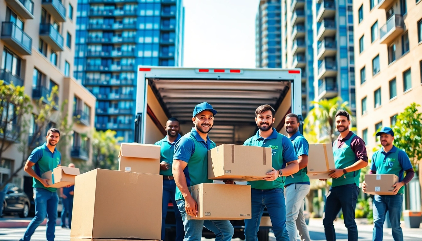 Best movers nyc team loading boxes into a truck in a vibrant urban environment