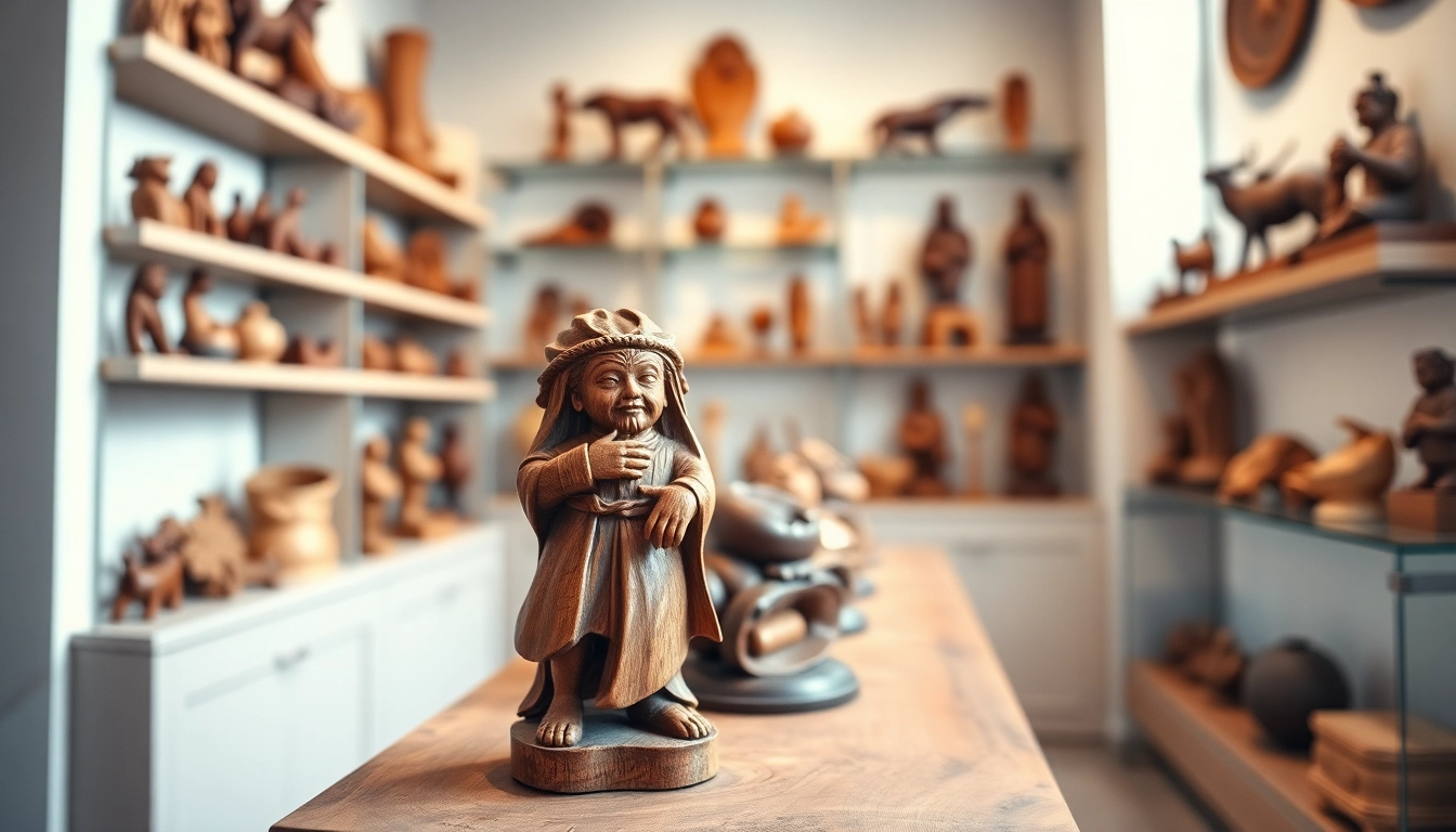 Admiring intricate olive wood carvings in a gallery, showcasing craftsmanship and artistry.