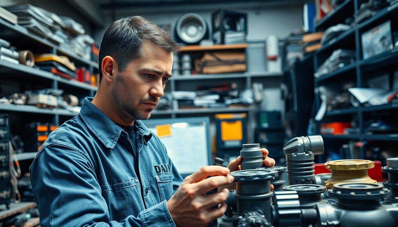 Inspecting Jerr Dan Parts in a professional workshop filled with tools and components.