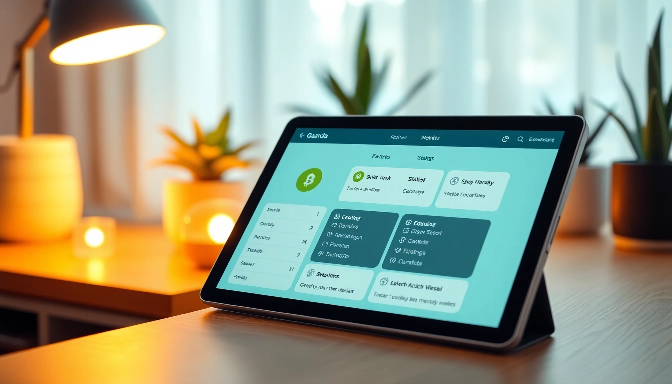 Showcase of guarda wallet interface on a tablet surrounded by decorative elements.