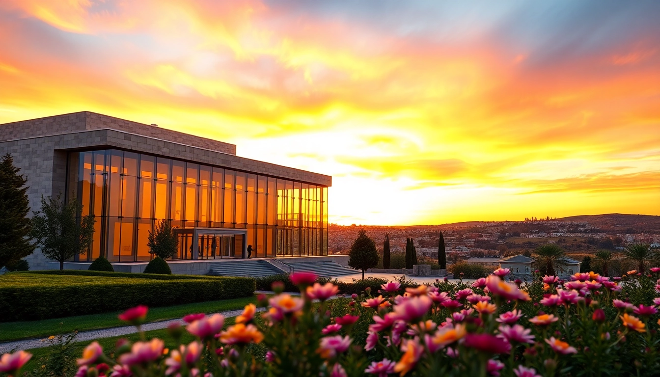 Visitors admiring art at the Jerusalem Art Museum surrounded by beautiful architecture and gardens.