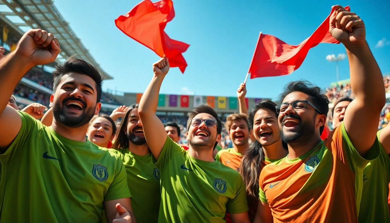 Fans celebrating in Cheap Football Shirts at a stadium, showcasing energy and excitement.