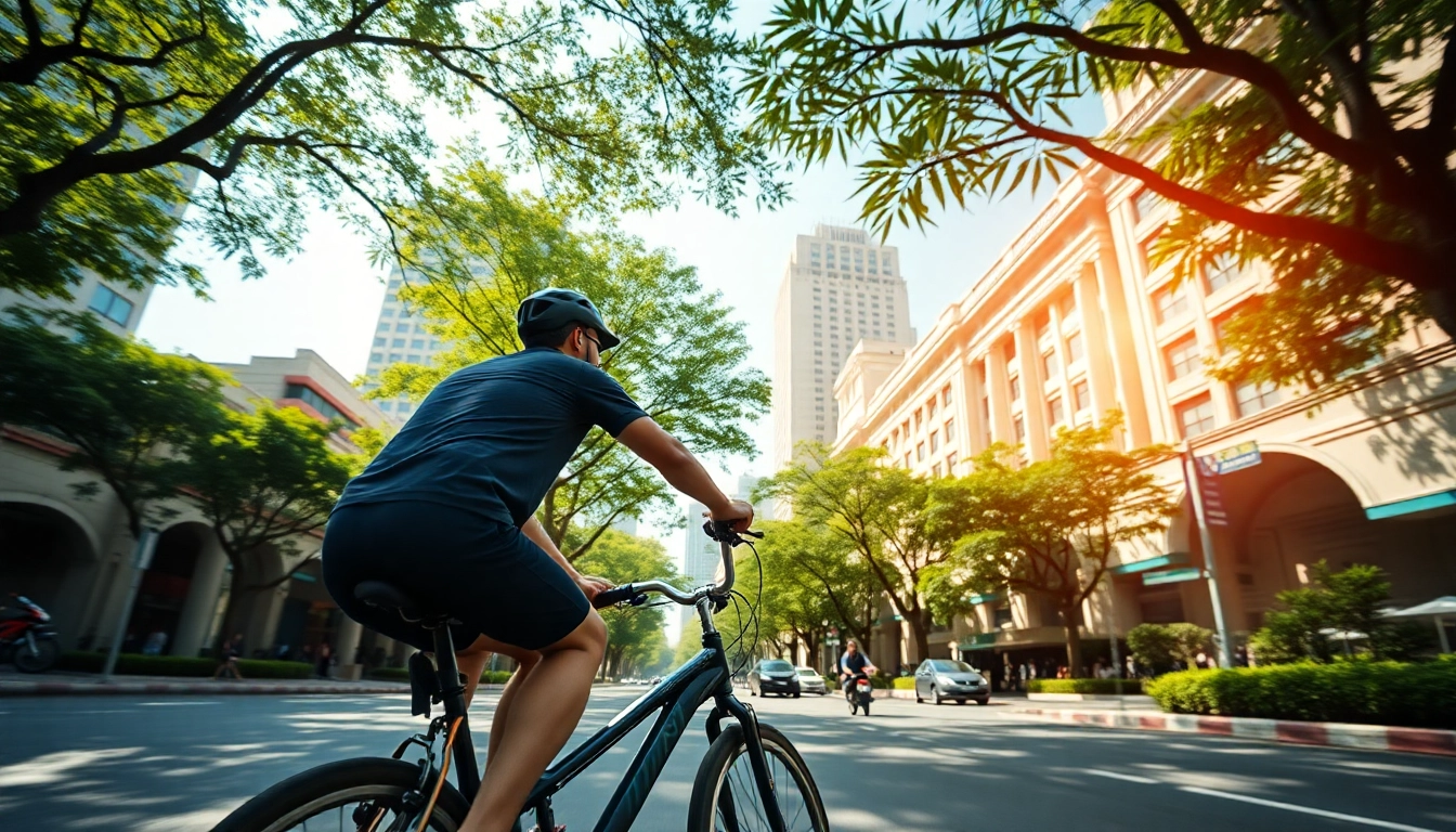 Active cyclist enjoying a bicycle rental bangkok experience amidst vibrant city scenery