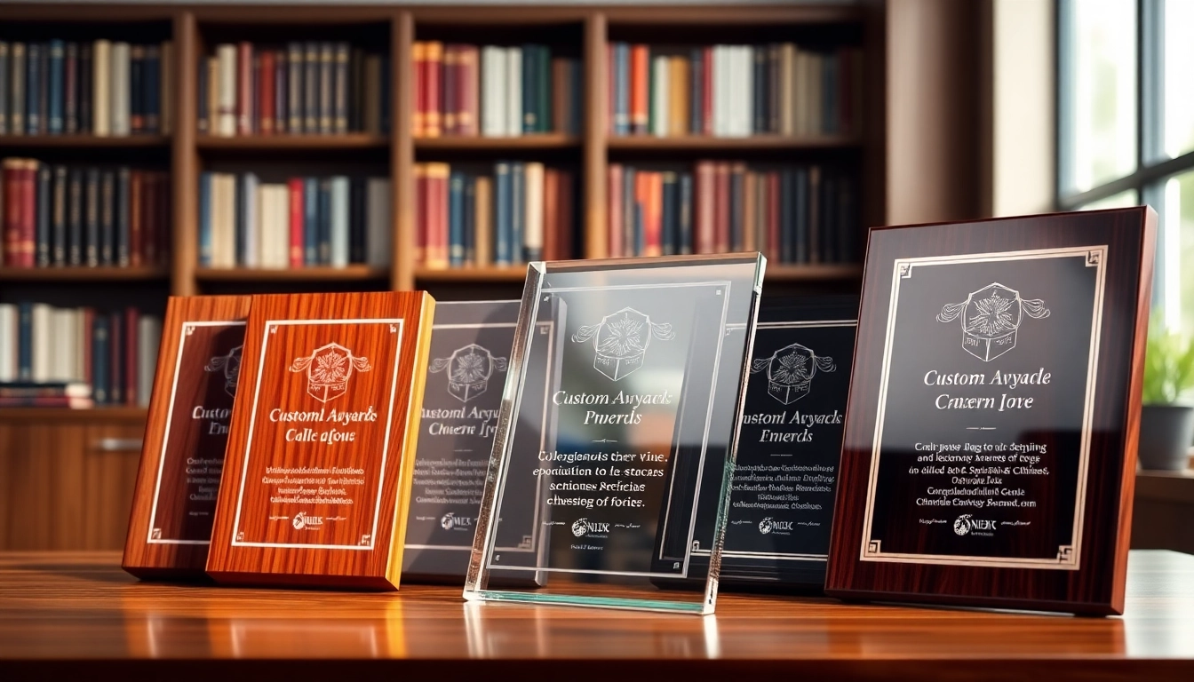 Showcasing custom award plaques highlighting craftsmanship and personalization options.