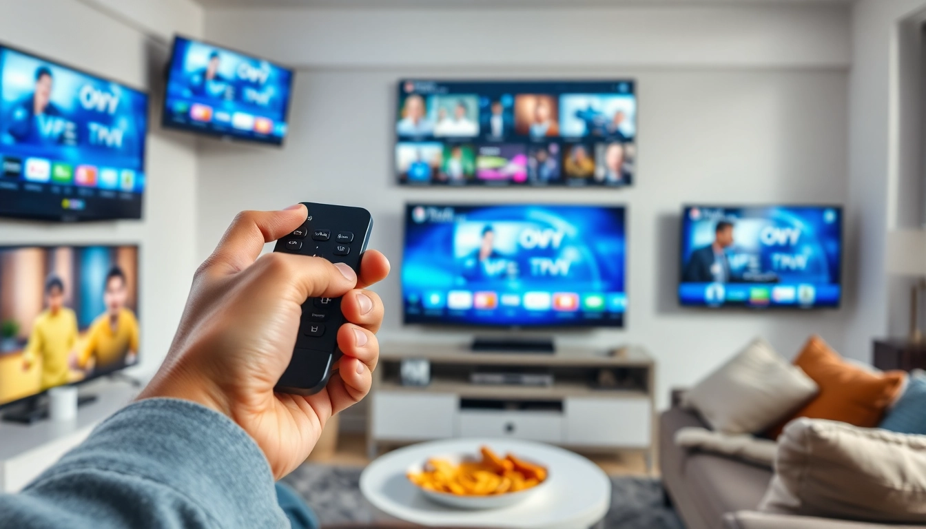 Comprar Listas IPTV en un hogar moderno con pantallas mostrando canales diversos