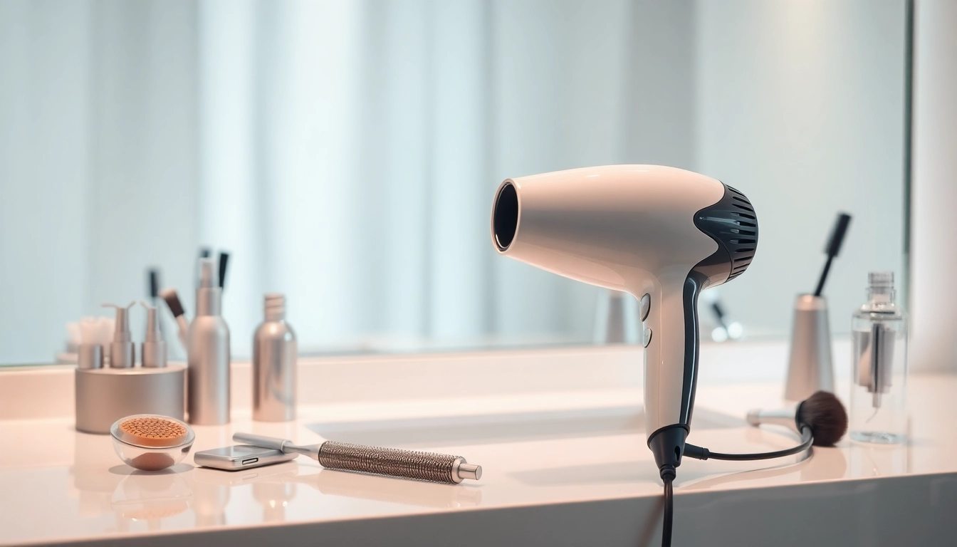 Best hair dryer displayed on a vanity with hairstyling tools, emphasizing luxury and design.