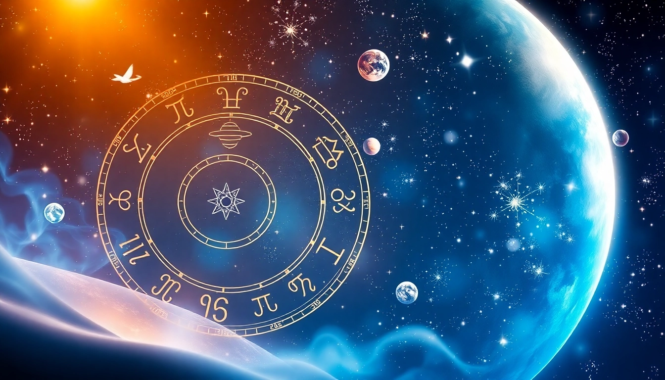 Horoskop-Symbole und Tierkreiszeichen strahlen in einer mystischen, himmlischen Umgebung.