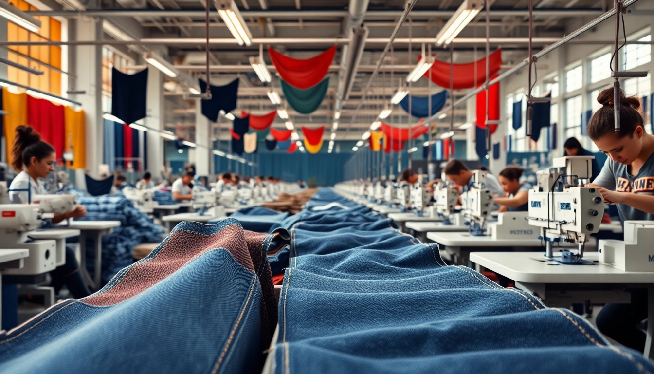 View of dedicated workers at jeans manufacturers creating high-quality denim products.