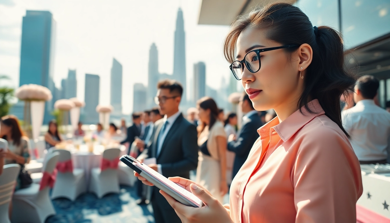 Event organizer Singapore coordinating a vibrant city event with stylish decor and energetic atmosphere.