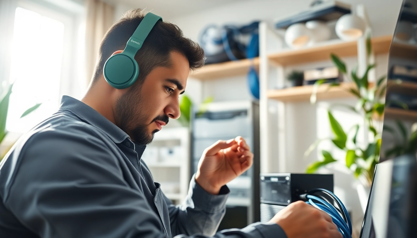 Showcasing a technician setting up Sonic Fiber connections in a modern office environment.