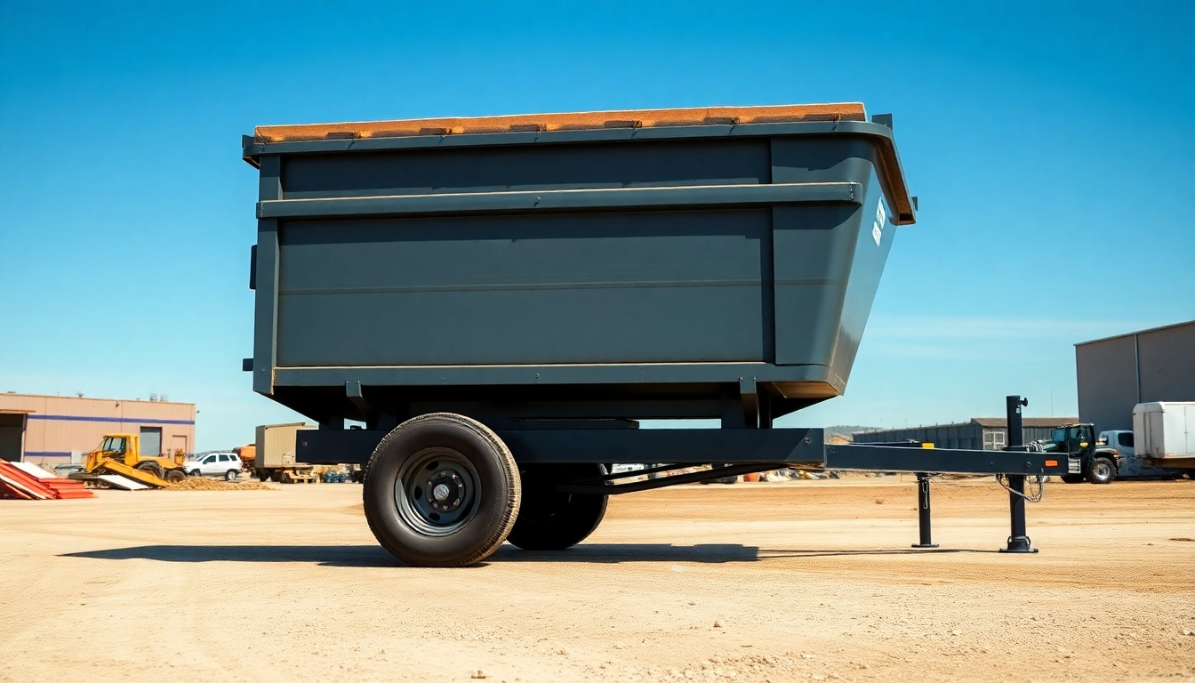 Showcasing dumpster trailers for sale, highlighting heavy-duty features and construction site setting.