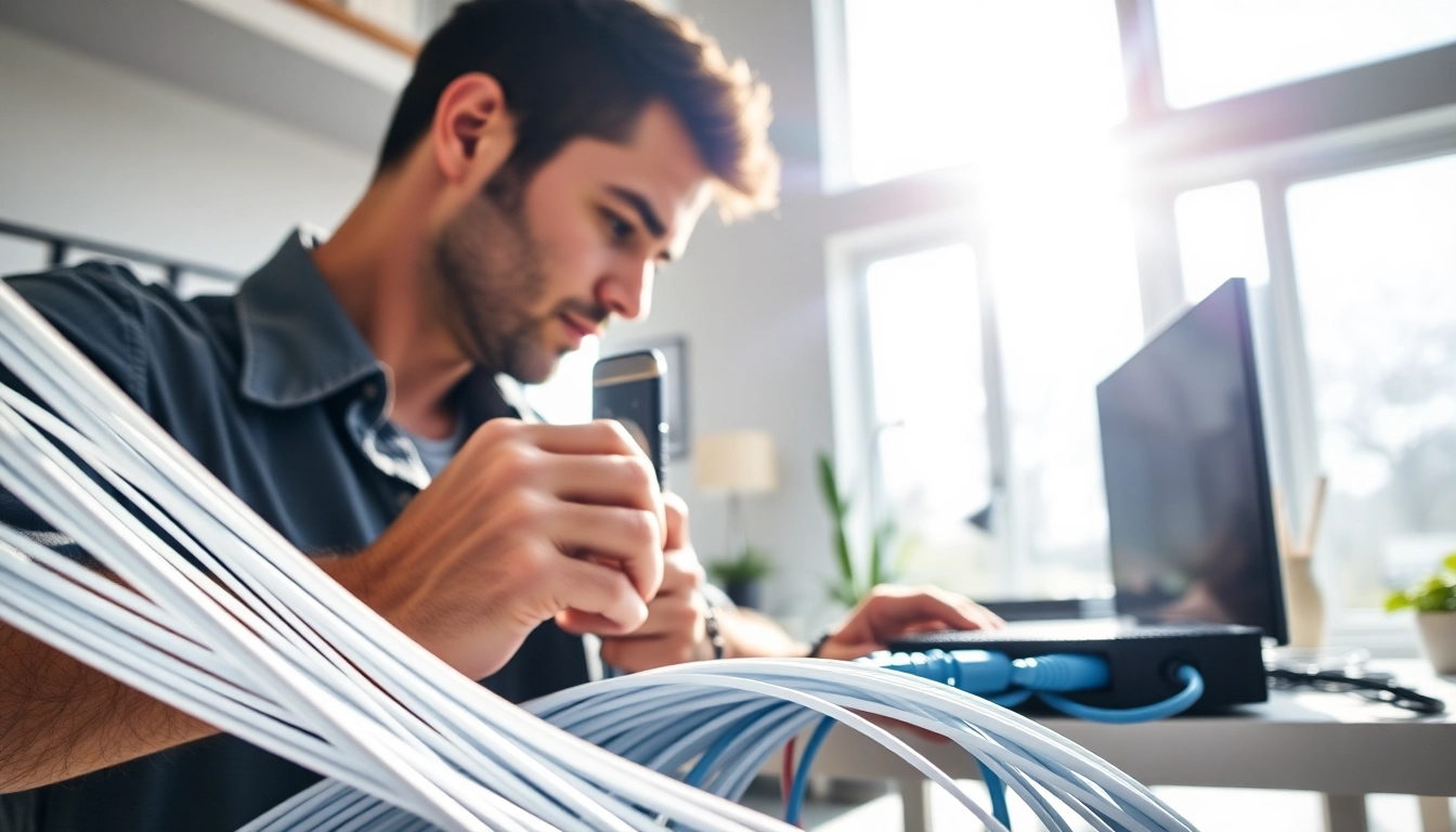 Showcasing installation of Sonic Fiber Internet with a technician connecting fiber-optic cables indoors.