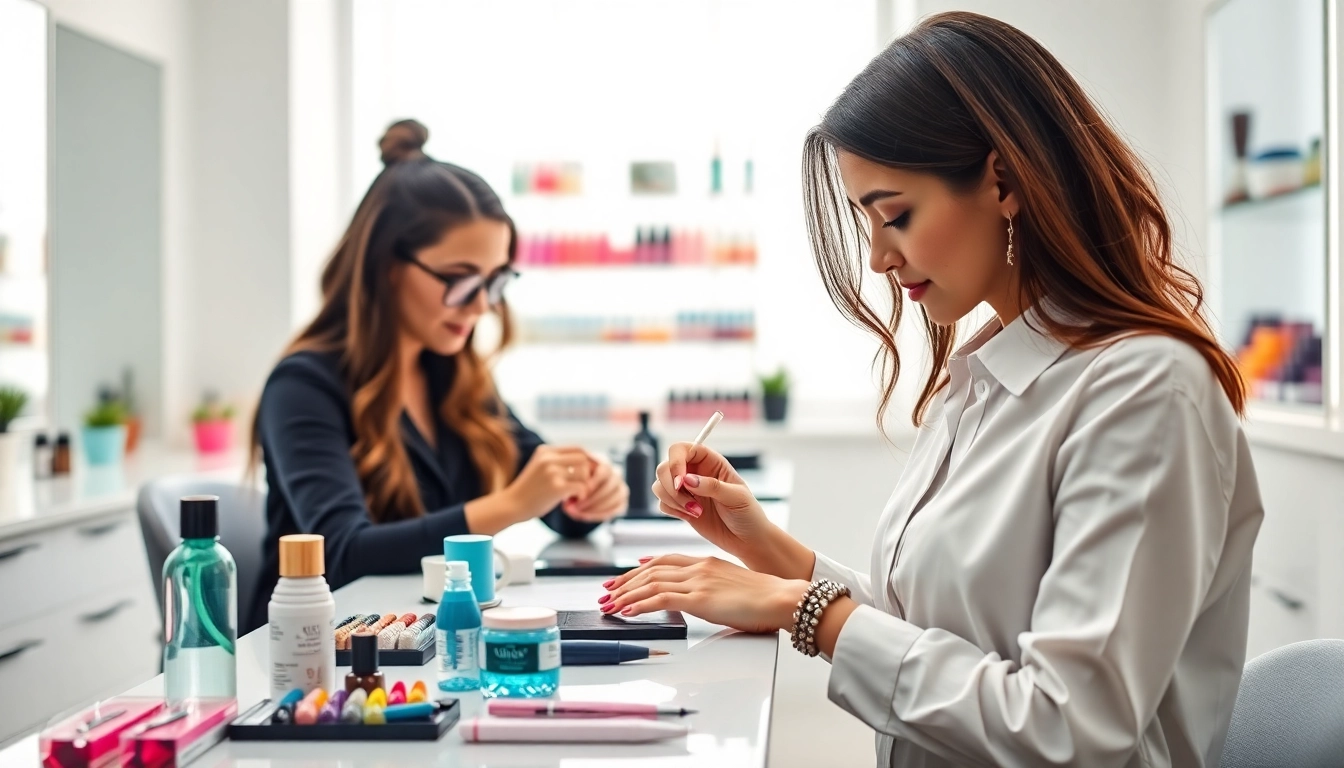 Nail Course: A professional nail technician demonstrates vibrant nail art techniques in a modern salon setting.