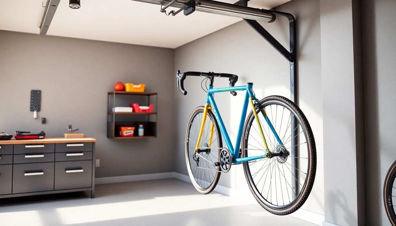 Secure bike wall mount elegantly displaying a colorful bike in a well-organized garage.