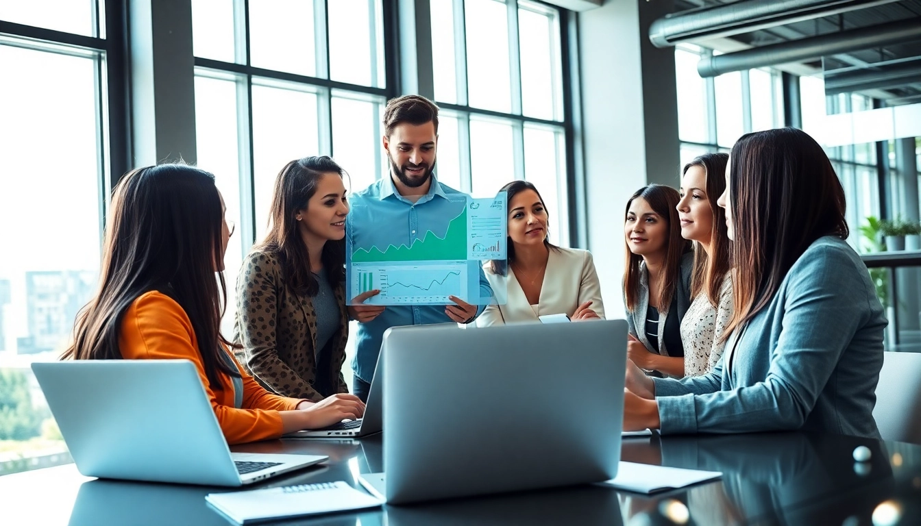 B2B buyers collaborating in a modern office environment, analyzing data for effective decision-making.