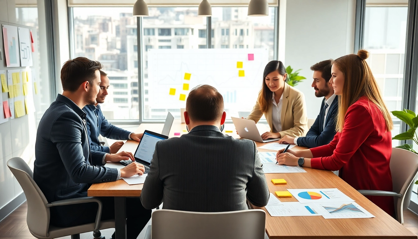 Collaborative team strategizing for a search optimization company in a modern workspace.