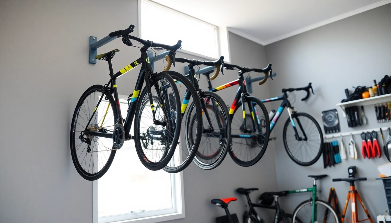Displaying a well-organized bike wall rack featuring multiple bicycles in a modern garage setting.