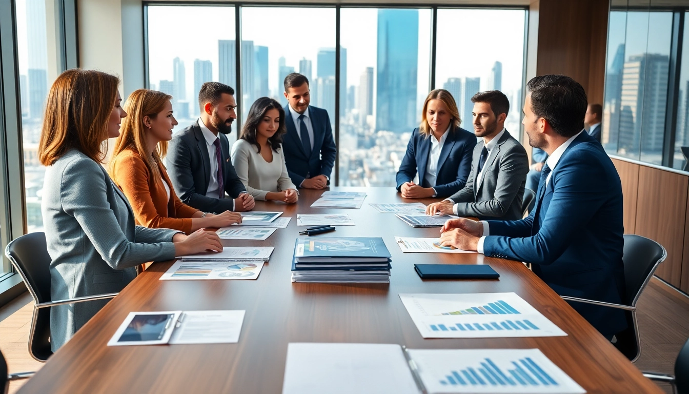 Real estate investment group collaborating on property portfolios in a bright, modern office.