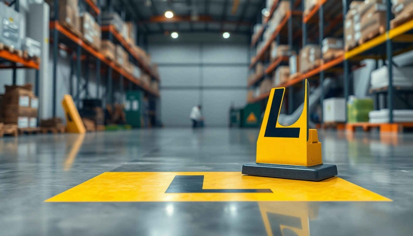 Aplicar el piso simbolo Mister Worker en un entorno industrial moderno para mejorar la seguridad.