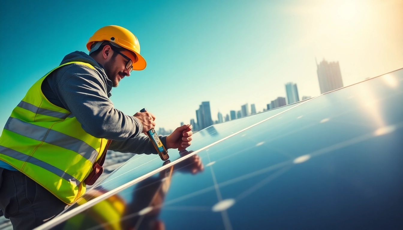 Technician installing das 142 solar panels on a rooftop in a sunny urban setting