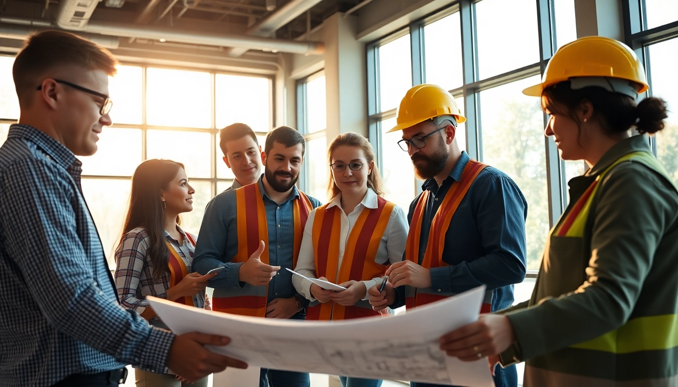 Builders collaborating on projects representing the Texas association of builders in a modern office.