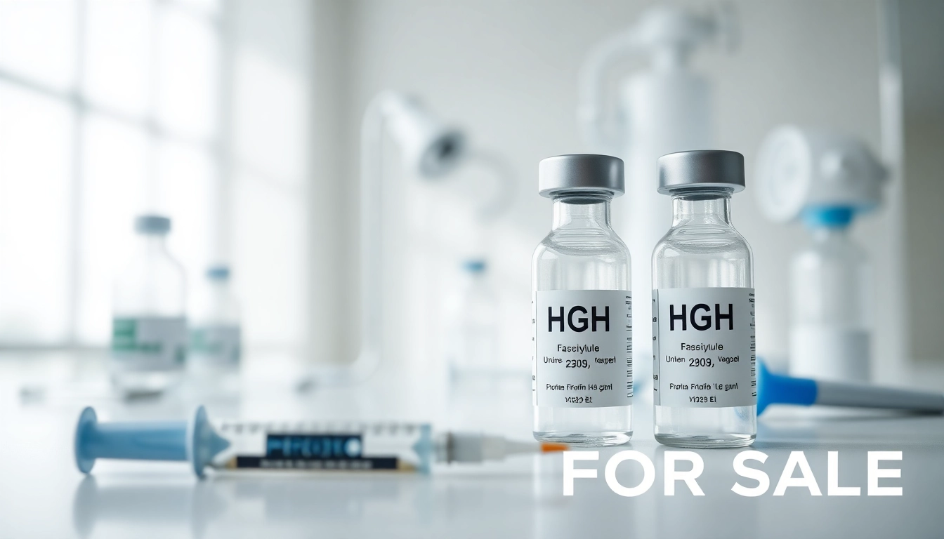 Shop for HGH FOR SALE with vials and syringes in a professional healthcare setting.