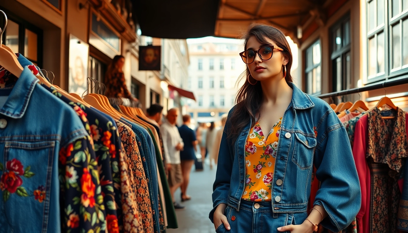 Explore vibrant vintage clothing Copenhagen with a stylish model showcasing retro outfits in a charming market.