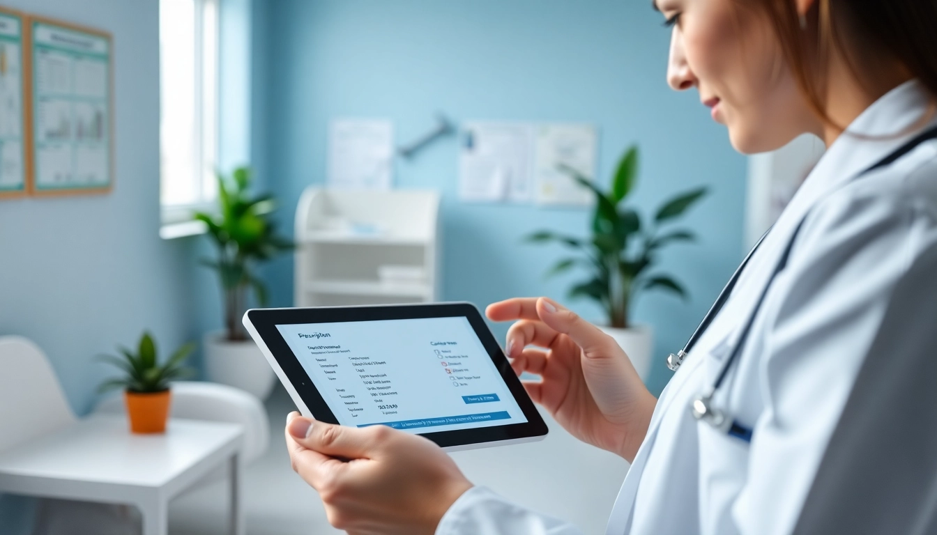 Enhancing eprescribing compliance through a healthcare provider using a digital prescription in a modern office.