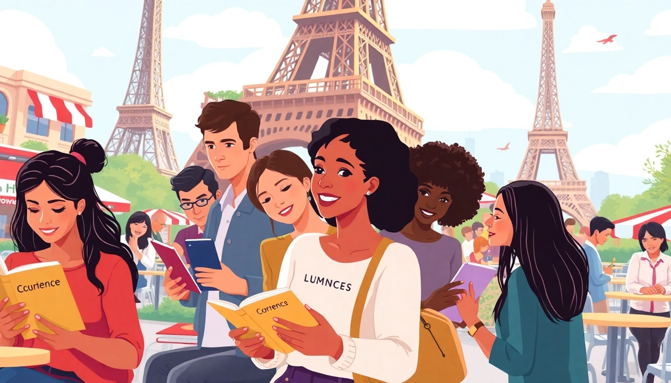 Engaging scene illustrating French verbs with people interacting and learning.