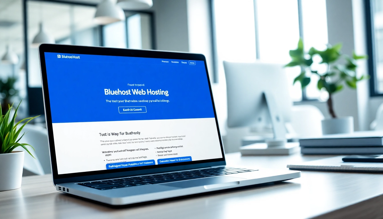 Engaging Bluehost web hosting interface displayed on a laptop in a modern office setting.
