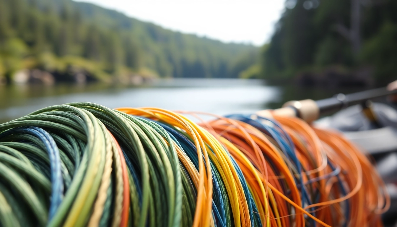 Showcase of fly fishing line with vibrant colors in an outdoor setting, perfect for fishing.