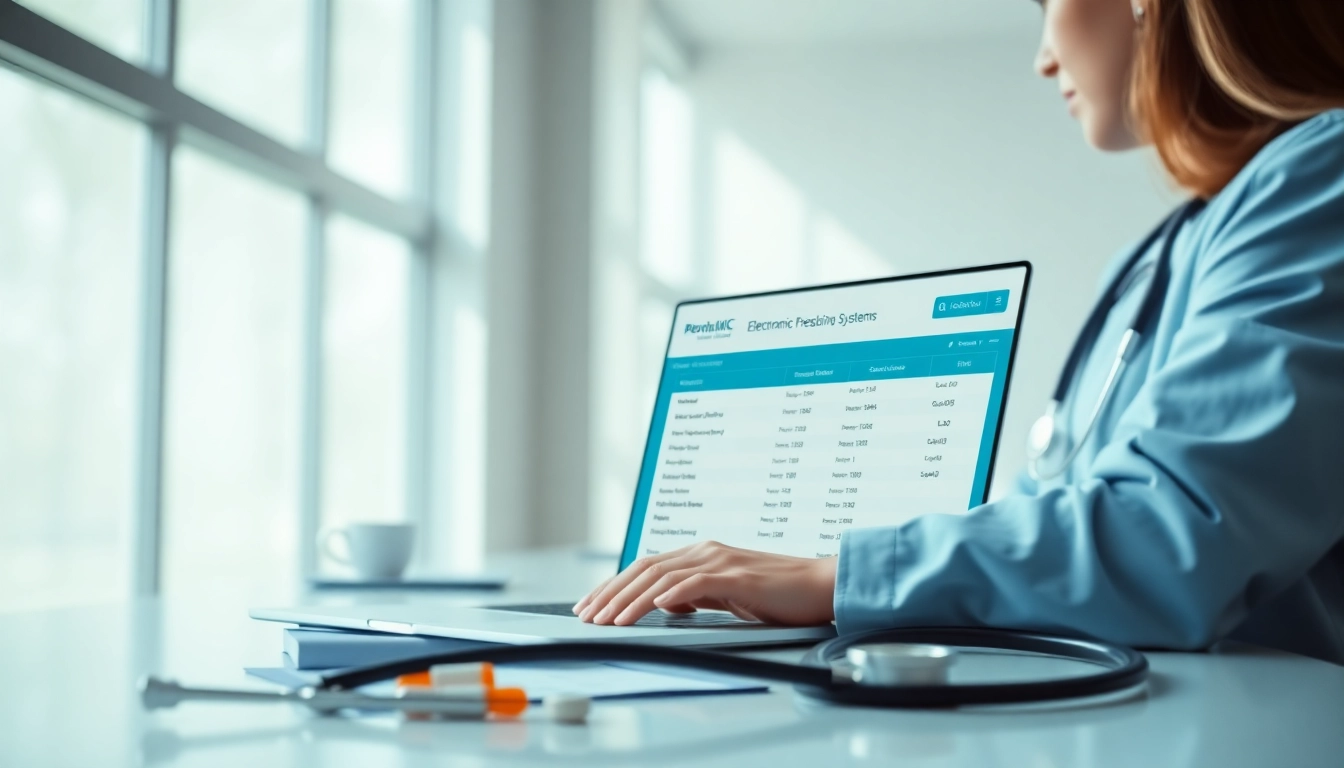 Healthcare provider using electronic prescribing systems in a modern clinic setting.