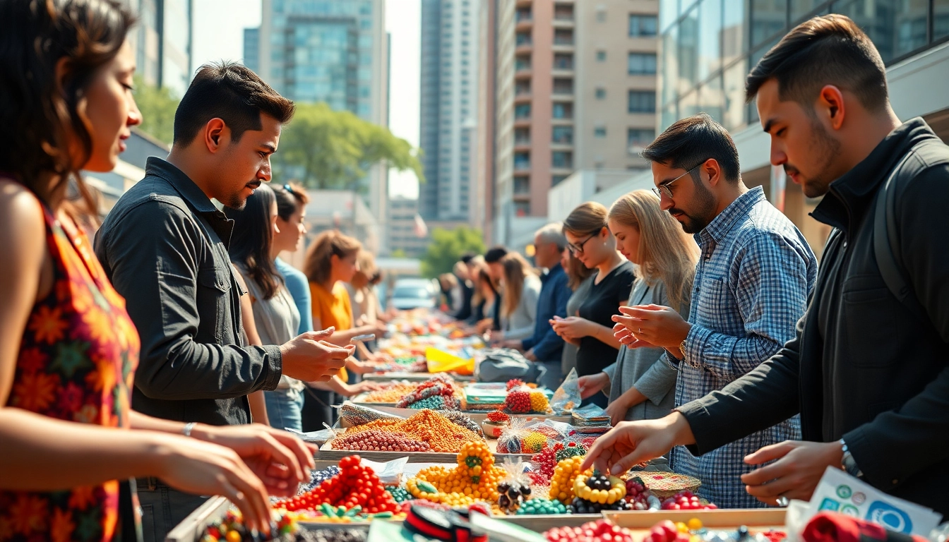 Engaging scene of people using the Jirle Marketplace for sellers & Buyers in an urban setting.