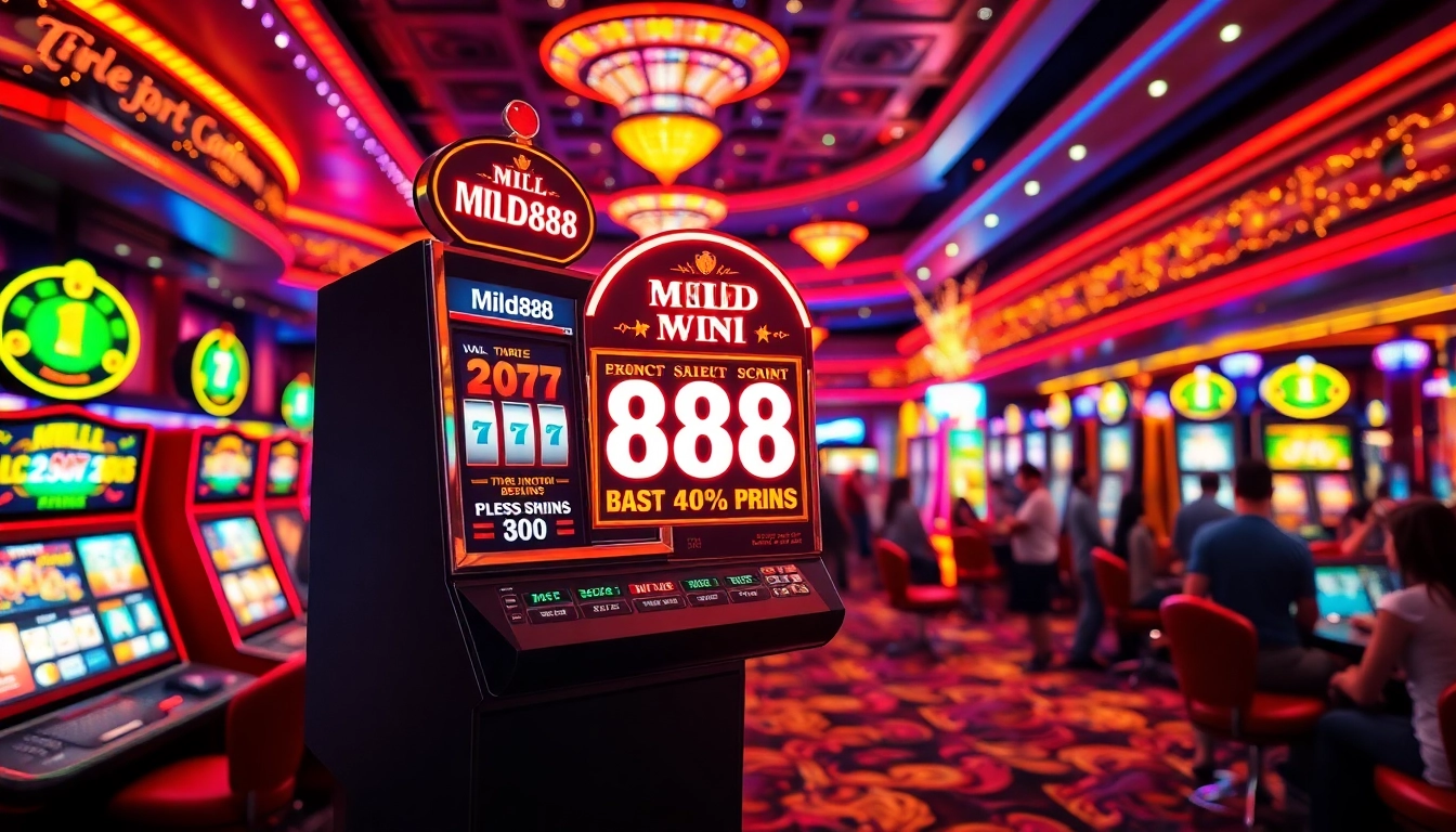 Mainkan mild88 slot dengan suasana kasino yang ramai dan penuh warna.