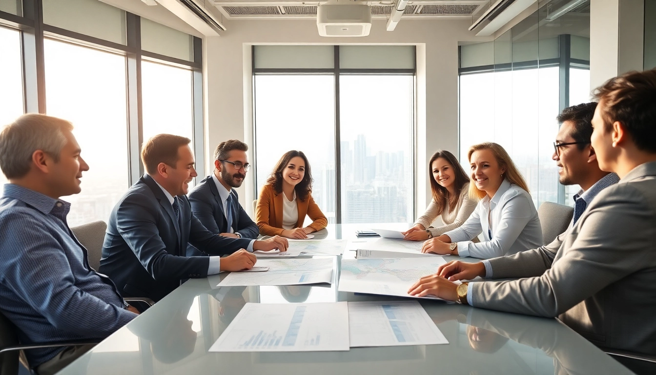Engaged team strategizing on international real estate investing opportunities in a modern office.