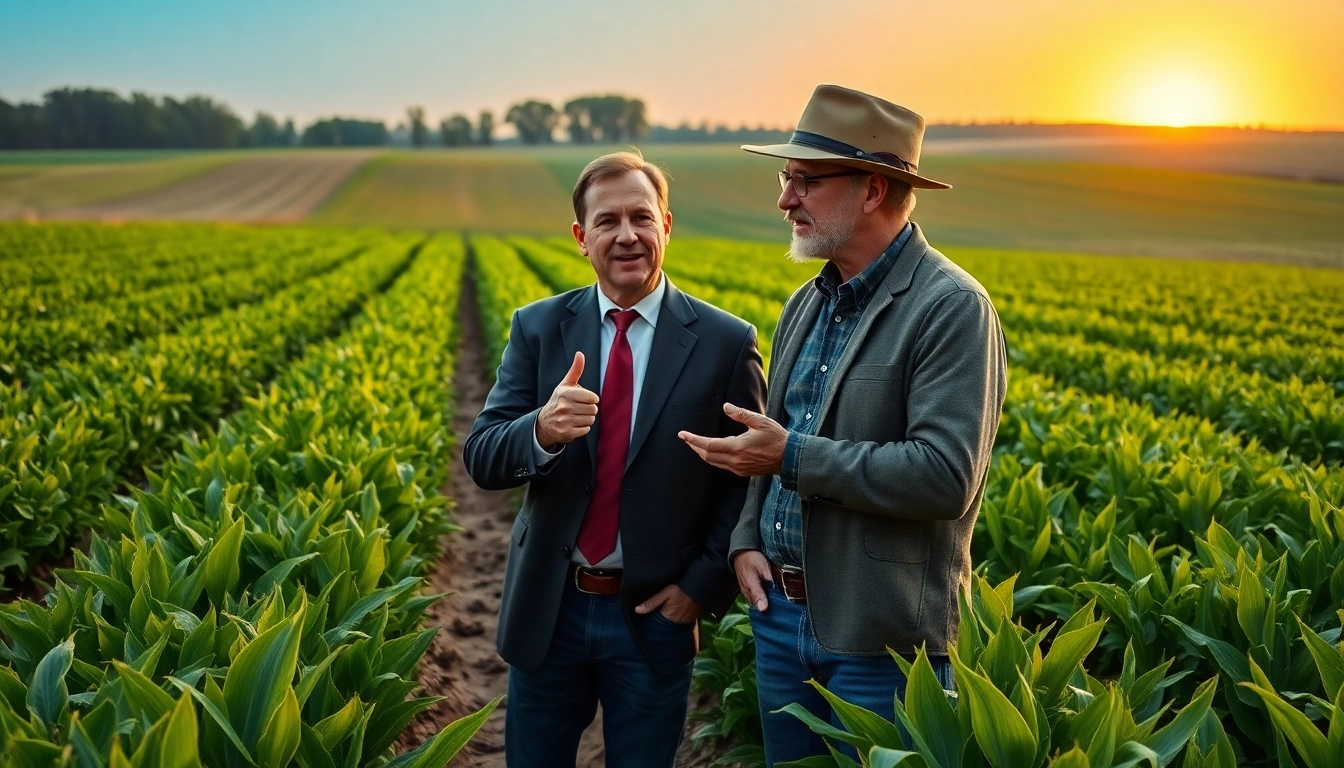 Engaging moment in agriculture law with attorney and farmer in a vibrant field, emphasizing legal importance.